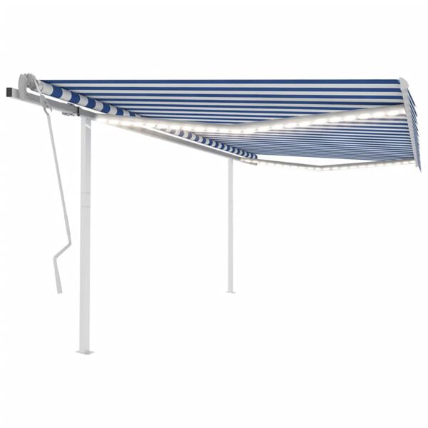 vidaXL Toldo retr&aacute;til manual com luzes LED 4,5x3 m azul e branco