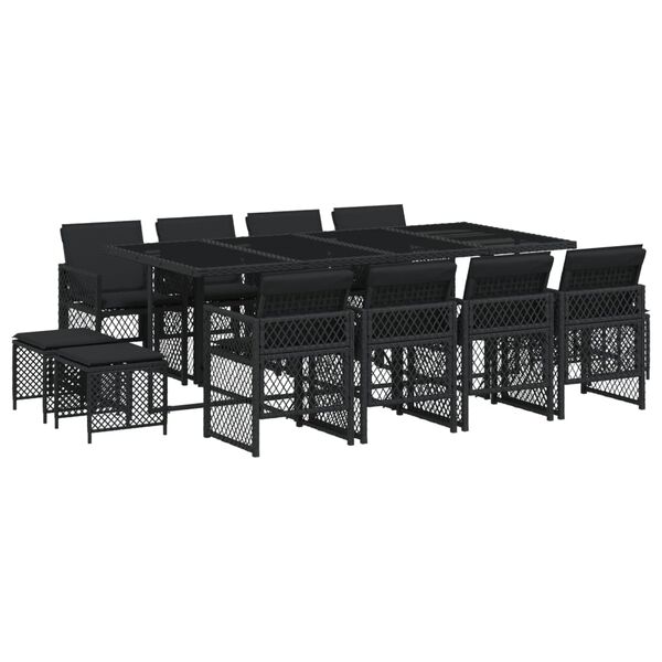 vidaXL 13 pcs conjunto de jantar p/jardim com almofad&otilde;es vime PE preto