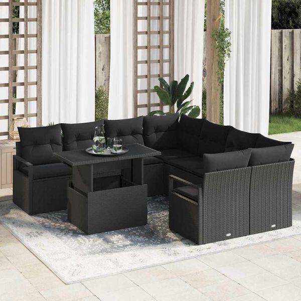 vidaXL Conjunto de Sof&aacute; de Jardim 9 pcs Preto Rattan Sint&eacute;tico