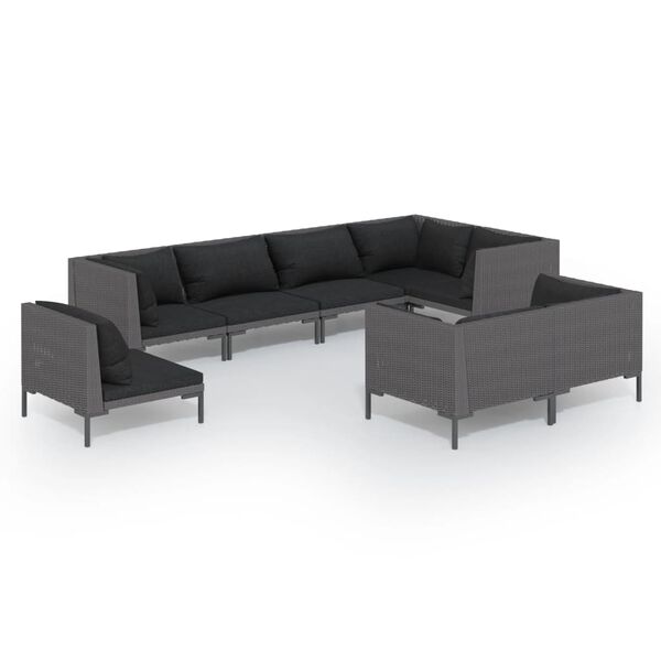vidaXL 8 pcs conj. lounge jardim c/ almofad&otilde;es vime PE cinzento-escuro