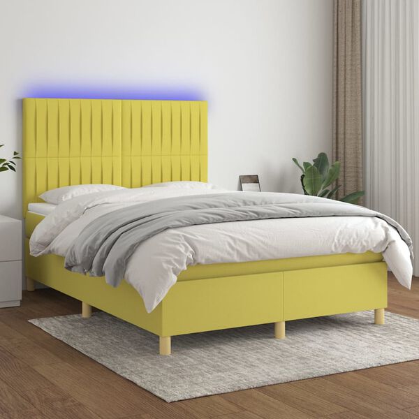 vidaXL Cama box spring c/ colch&atilde;o e LED 140x200 cm tecido verde