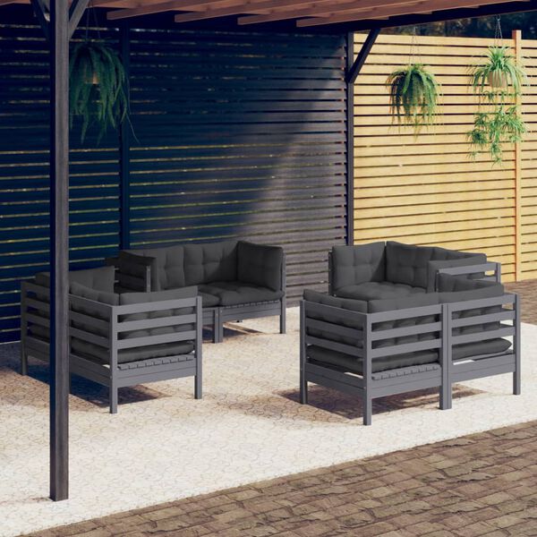 vidaXL 8 pcs conj. lounge de jardim com almofad&otilde;es antracite pinho