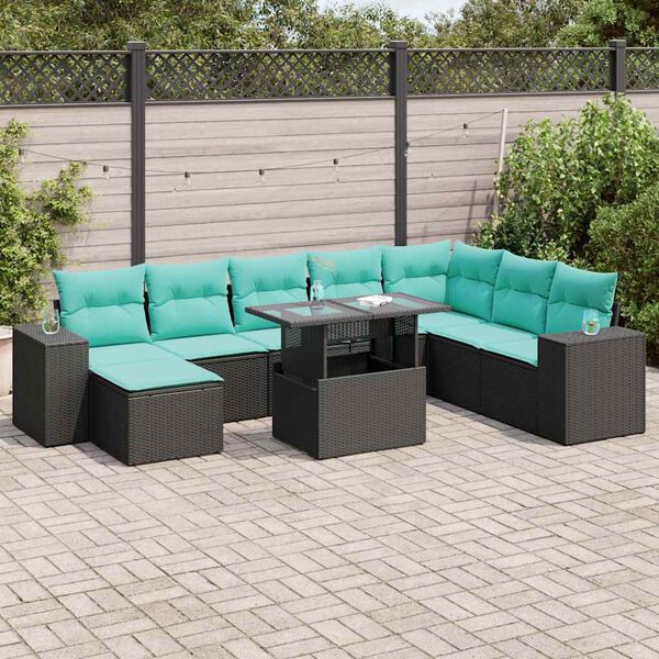vidaXL 9 pcs conjunto sof&aacute;s p/ jardim almofad&otilde;es vime PE/ac&aacute;cia preto
