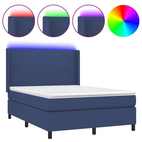 vidaXL Cama box spring c/ colch&atilde;o e LED 140x190 cm tecido azul
