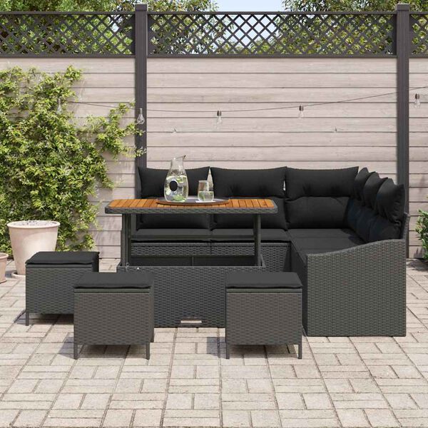 vidaXL Conjunto de Sof&aacute; de Jardim com almofada 9 pcs Preto vime PE