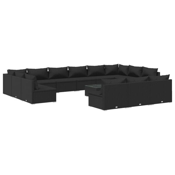 vidaXL 14 pcs conjunto lounge de jardim c/ almofadões vime PE preto