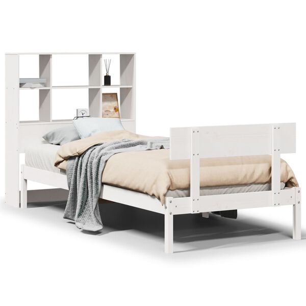vidaXL Cama com estante sem colch&atilde;o 90x200 cm pinho maci&ccedil;o branco