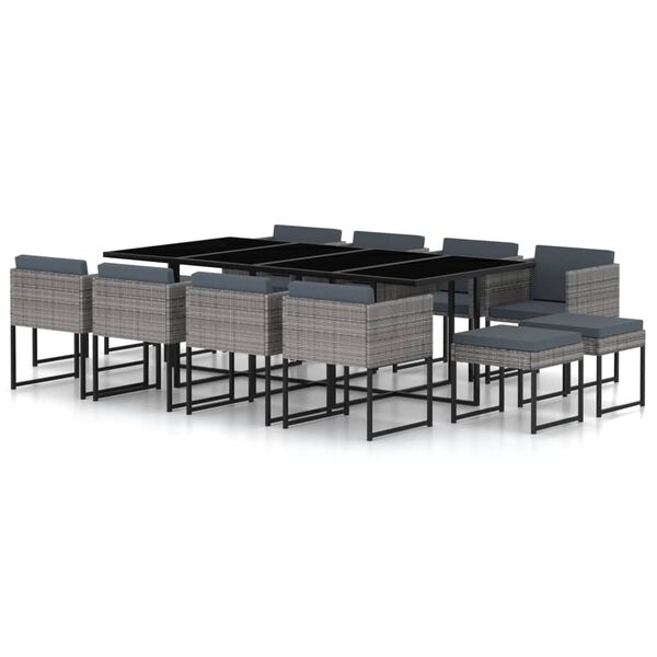 vidaXL 13 pcs conjunto jantar exterior com almofad&otilde;es vime PE cinzento