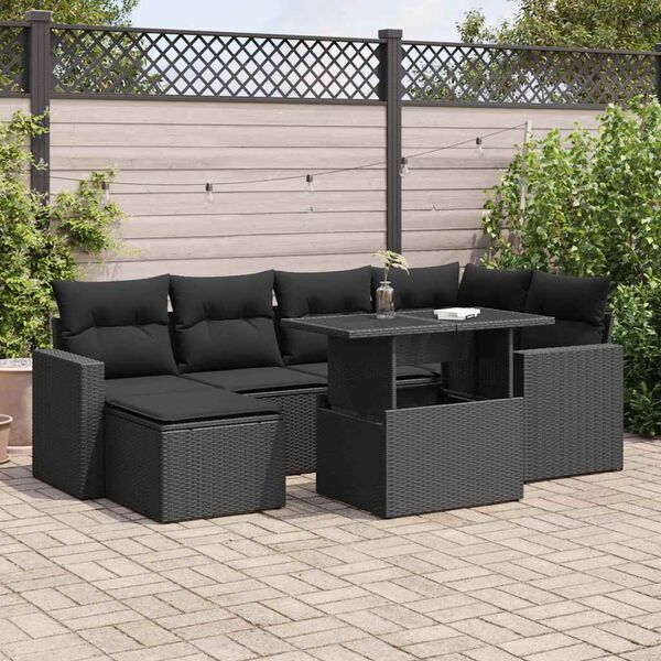 vidaXL 7 pcs conjunto de sof&aacute;s p/ jardim c/ almofad&otilde;es vime PE preto