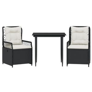 vidaXL 3 pcs conjunto de jantar p/ jardim c/ almofad&otilde;es vime PE preto