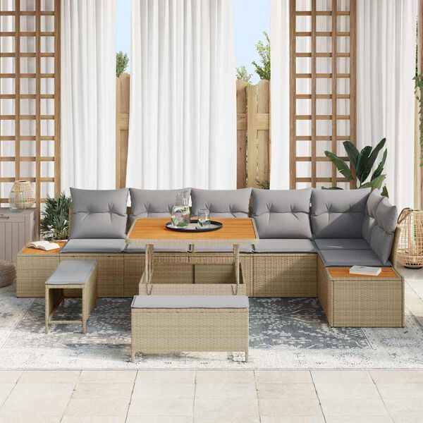 vidaXL Conjunto de Sof&aacute; de Jardim 9 pcs Bege Rattan Sint&eacute;tico