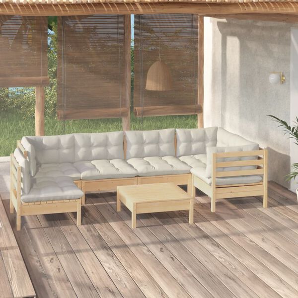 vidaXL 7 pcs conjunto lounge de jardim c/ almofad&otilde;es cor creme pinho
