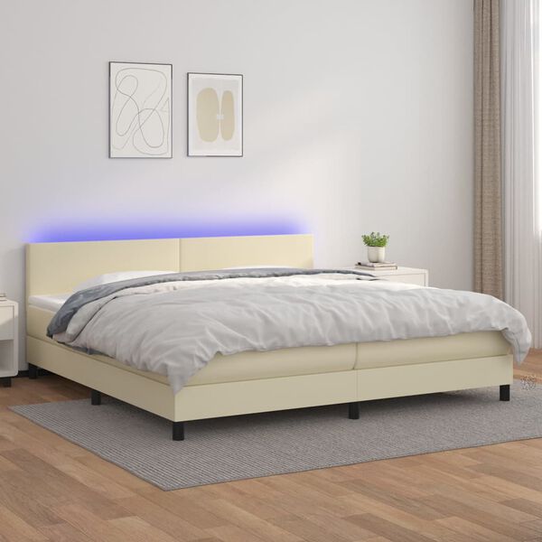 vidaXL Cama box spring c/ colch&atilde;o/LED 200x200cm couro artificial creme