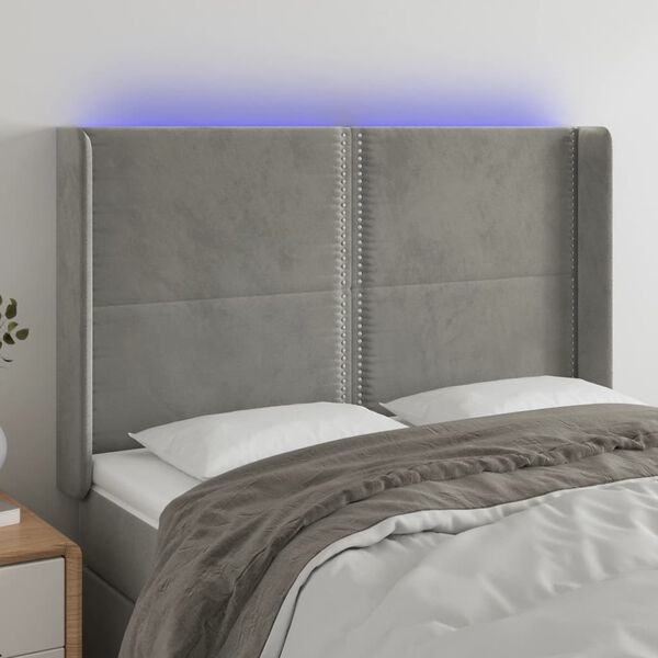 vidaXL Cabeceira cama c/ luzes LED veludo 147x16x118/128cm cinza-claro