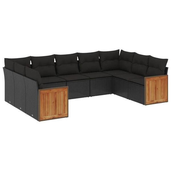 vidaXL 9 pcs conjunto de sof&aacute;s p/ jardim c/ almofad&otilde;es vime PE preto