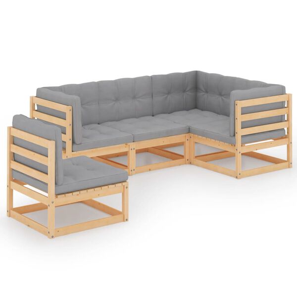 vidaXL 5 pcs conjunto lounge de jardim c/ almofadões pinho maciço