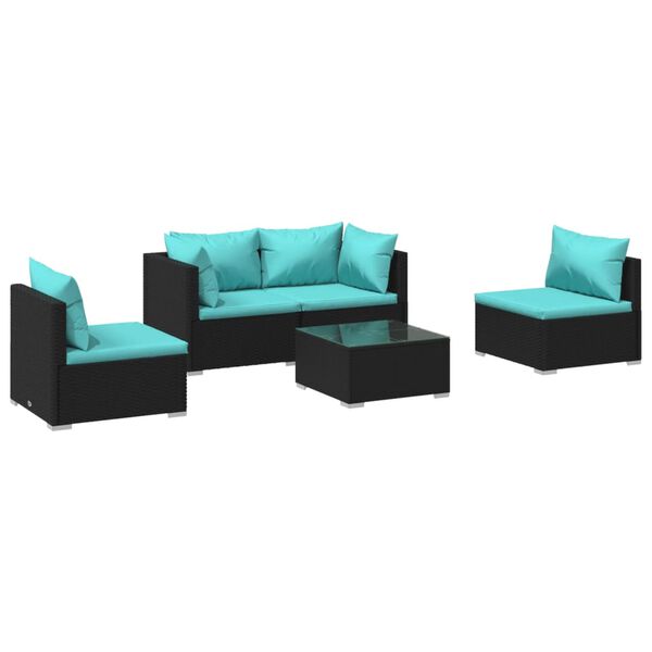 vidaXL 5 pcs conjunto lounge de jardim c/ almofad&otilde;es vime PE preto