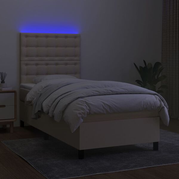 vidaXL Cama box spring c/ colch&atilde;o e LED 90x200 cm tecido cor creme