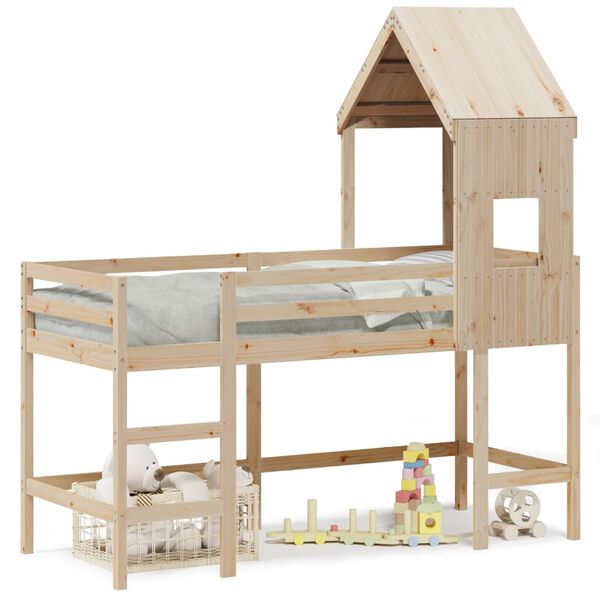 vidaXL Cama alta c/ escada e telhado 80x200 cm pinho maciço