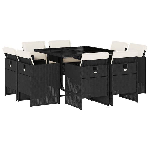 vidaXL 9 pcs conjunto de jantar p/ jardim c/ almofad&otilde;es vime PE preto