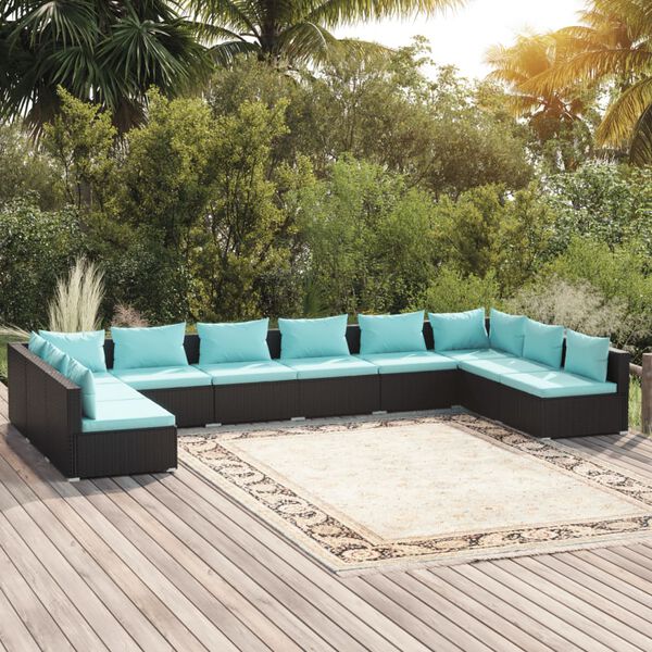 vidaXL 10 pcs conjunto lounge de jardim c/ almofad&otilde;es vime PE preto