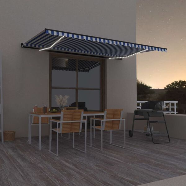 vidaXL Toldo retr&aacute;til manual com LED 500x300 cm azul e branco