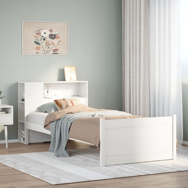 vidaXL Cama com estante sem colch&atilde;o 90x190 cm pinho maci&ccedil;o branco