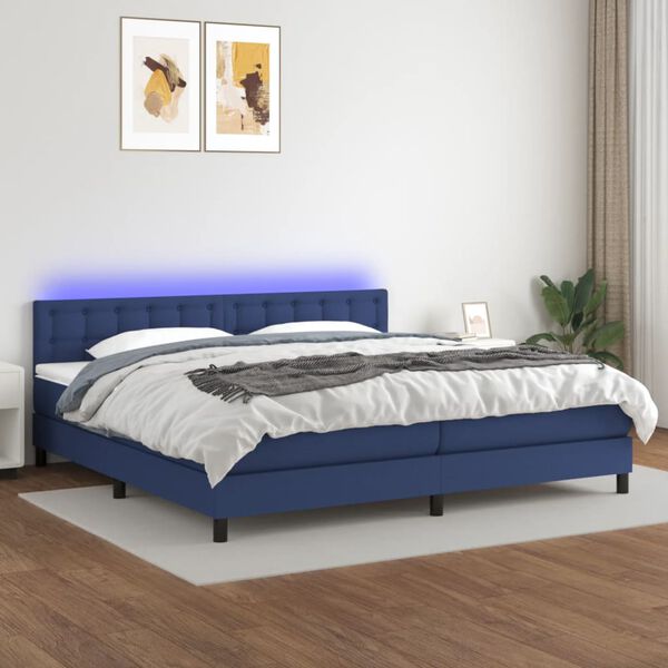 vidaXL Cama box spring c/ colch&atilde;o e LED 200x200 cm tecido azul