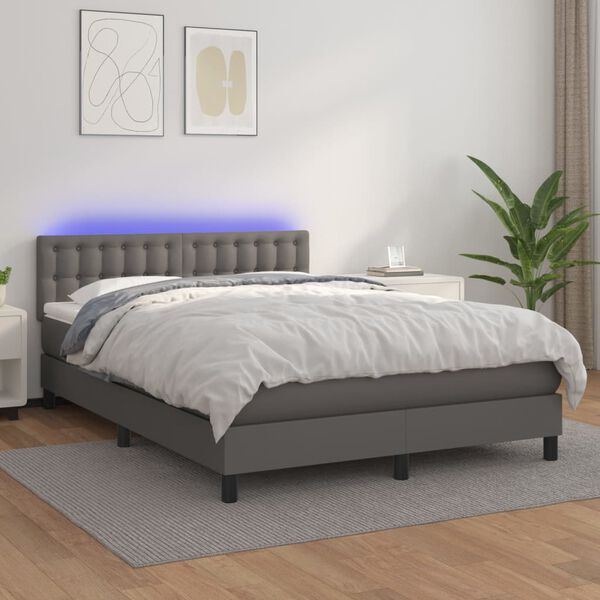 vidaXL Cama box spring c/ colch&atilde;o/LED 140x200cm couro artificial cinza