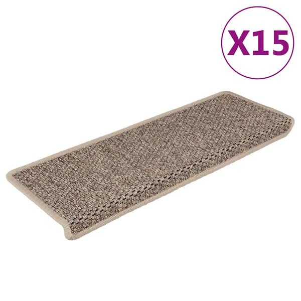 vidaXL Tapetes escada adesivos aspeto sisal 15pcs 65x21x4 bege-escuro