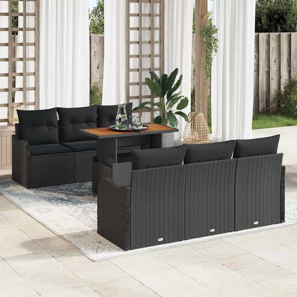 vidaXL Conjunto de Sof&aacute; de Jardim com almofada 7 pcs Preto vime PE