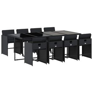 vidaXL 9 pcs conjunto de jantar p/ jardim c/ almofad&otilde;es vime PE preto