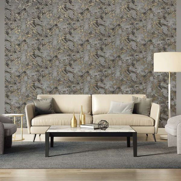 DUTCH WALLCOVERINGS Papel de parede mármore cinzento e dourado
