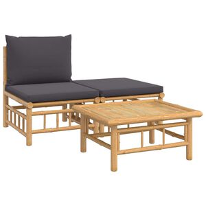 vidaXL 3pcs conj. lounge de jardim bambu c/ almofad&otilde;es cinzento-escuro