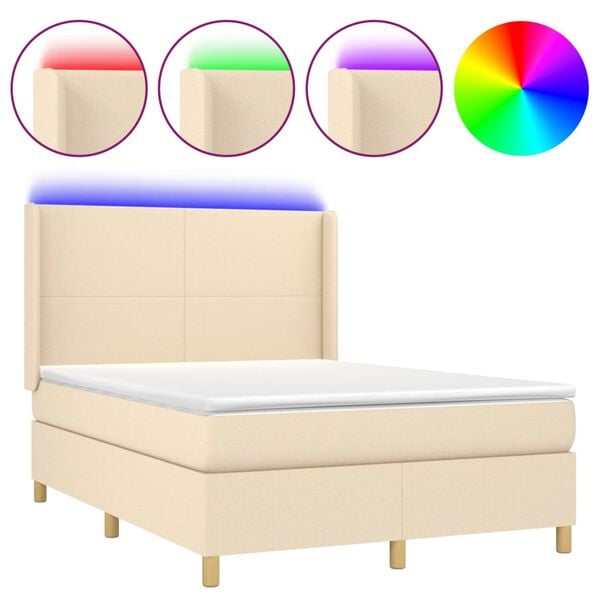 vidaXL Cama box spring c/ colch&atilde;o e LED 140x190 cm tecido cor creme