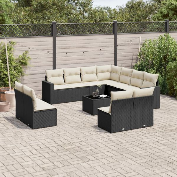 vidaXL 12 pcs conjunto de sofás de jardim c/ almofadões vime PE preto