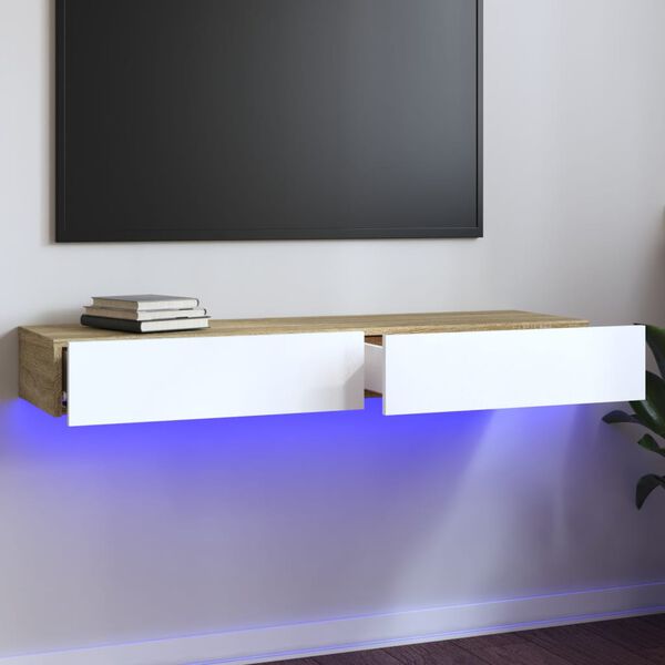 vidaXL M&oacute;vel de TV com luzes LED 120x35x15,5 cm branco/carvalho sonoma