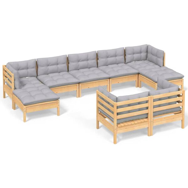 vidaXL 9 pcs conjunto lounge de jardim + almofad&otilde;es cinza pinho maci&ccedil;o
