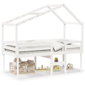 vidaXL Cama alta com telhado 90x200 cm pinho maci&ccedil;o branco