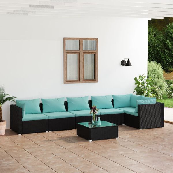 vidaXL 7 pcs conjunto lounge de jardim c/ almofad&otilde;es vime PE preto