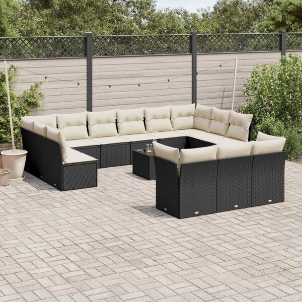 vidaXL 14 pcs conjunto de sof&aacute;s p/ jardim c/ almofad&otilde;es vime PE preto