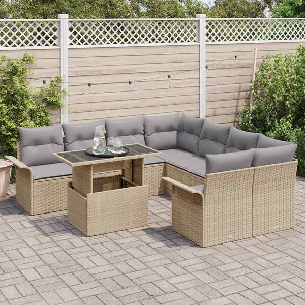 vidaXL Conjunto de Sof&aacute; de Jardim 9 pcs Bege Rattan de Polipropileno