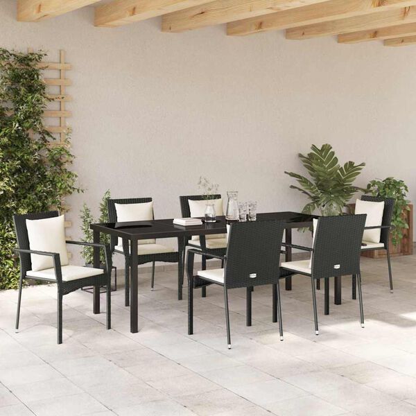 vidaXL Conjunto de Jantar para Jardim com almofada 7 pcs Preto vime PE