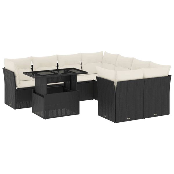 vidaXL 9 pcs conjunto de sof&aacute;s p/ jardim c/ almofad&otilde;es vime PE preto