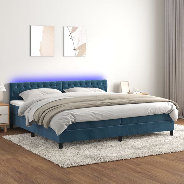 vidaXL Cama box spring c/ colchão/LED 200x200 cm veludo azul-escuro