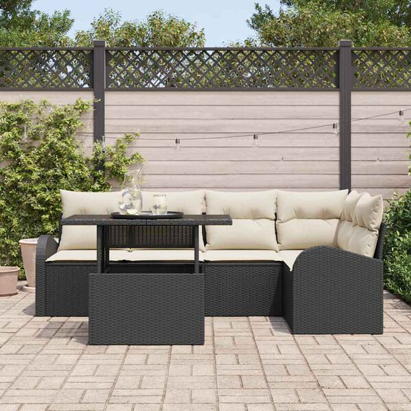 vidaXL Conjunto de Sof&aacute; de Jardim Manual 6 pcs Preto e Creme vime PE