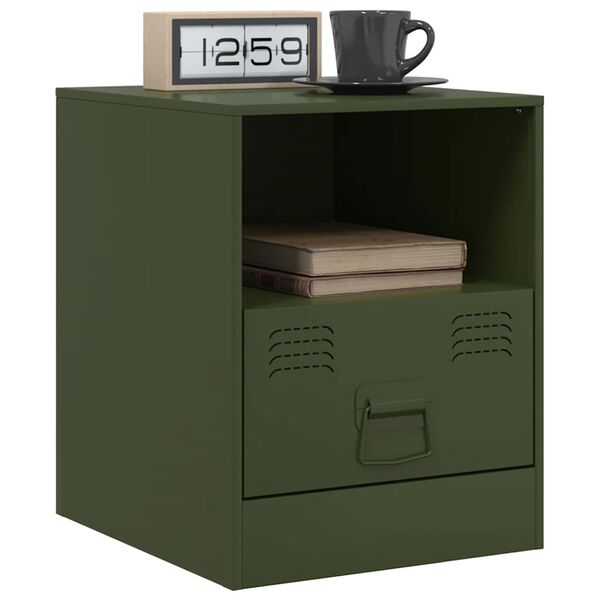 vidaXL Mesa de cabeceira 34,5x39x44 cm a&ccedil;o verde azeitona