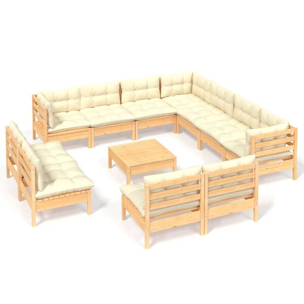 vidaXL 12 pcs conjunto lounge jardim c/ almofad&otilde;es creme pinho maci&ccedil;o
