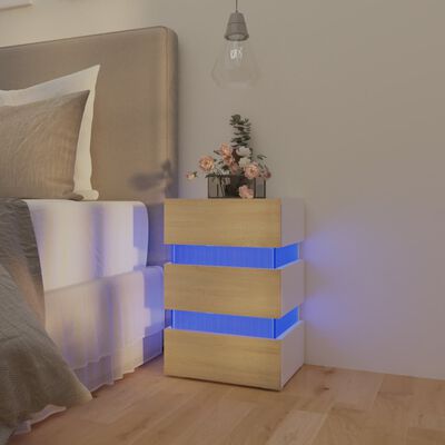 vidaXL Mesa de cabeceira c/ LEDs derivados de madeira branco/sonoma