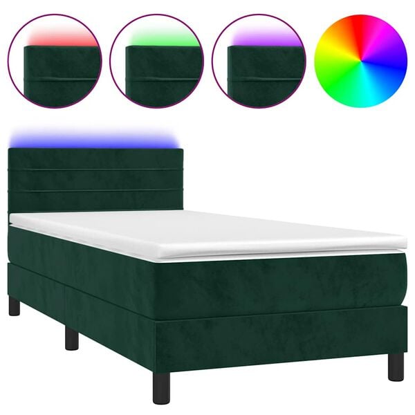 vidaXL Cama box spring c/ colch&atilde;o/LED 100x200 cm veludo verde-escuro